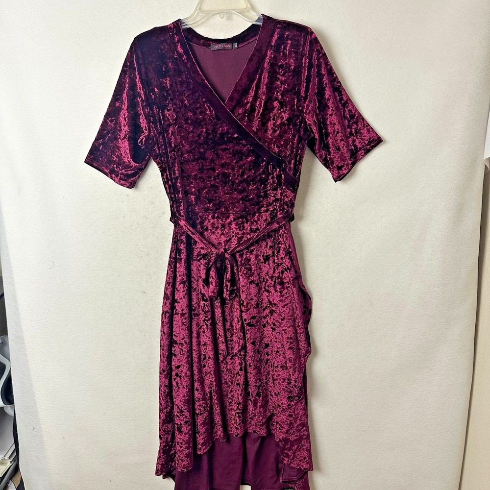 Crazy Train Burgundy Crushed Velvet Faux Wrap Maxi Dress Short Sleeve Womens XXL